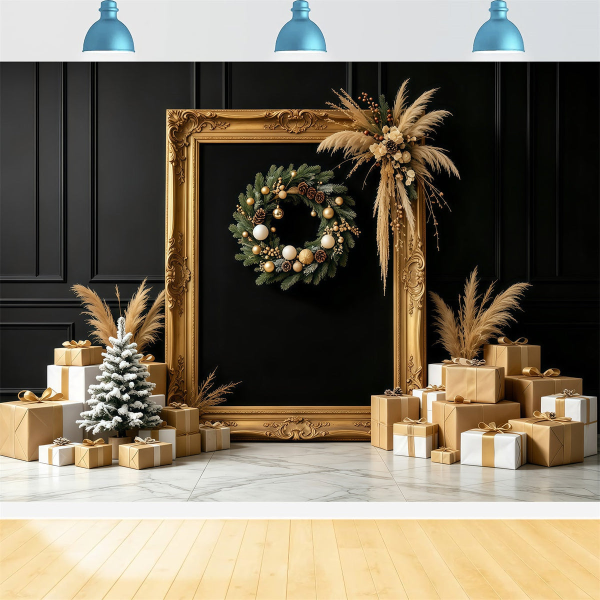 Black And Gold Christmas Backdrop Golden Frame Gift Display Large Christmas Backdrops UK GQ68-87