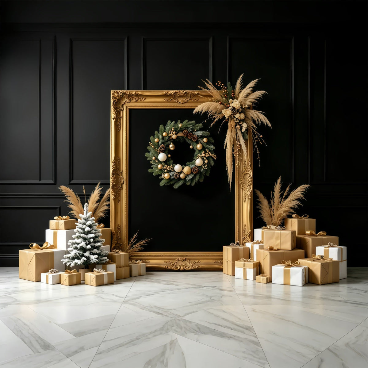 Black And Gold Christmas Backdrop Golden Frame Gift Display Large Christmas Backdrops UK GQ68-87