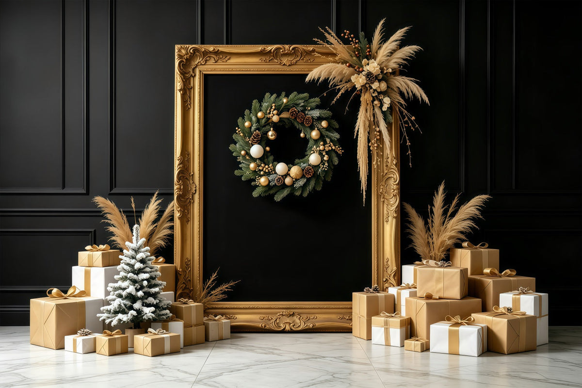 Black And Gold Christmas Backdrop Golden Frame Gift Display Large Christmas Backdrops UK GQ68-87