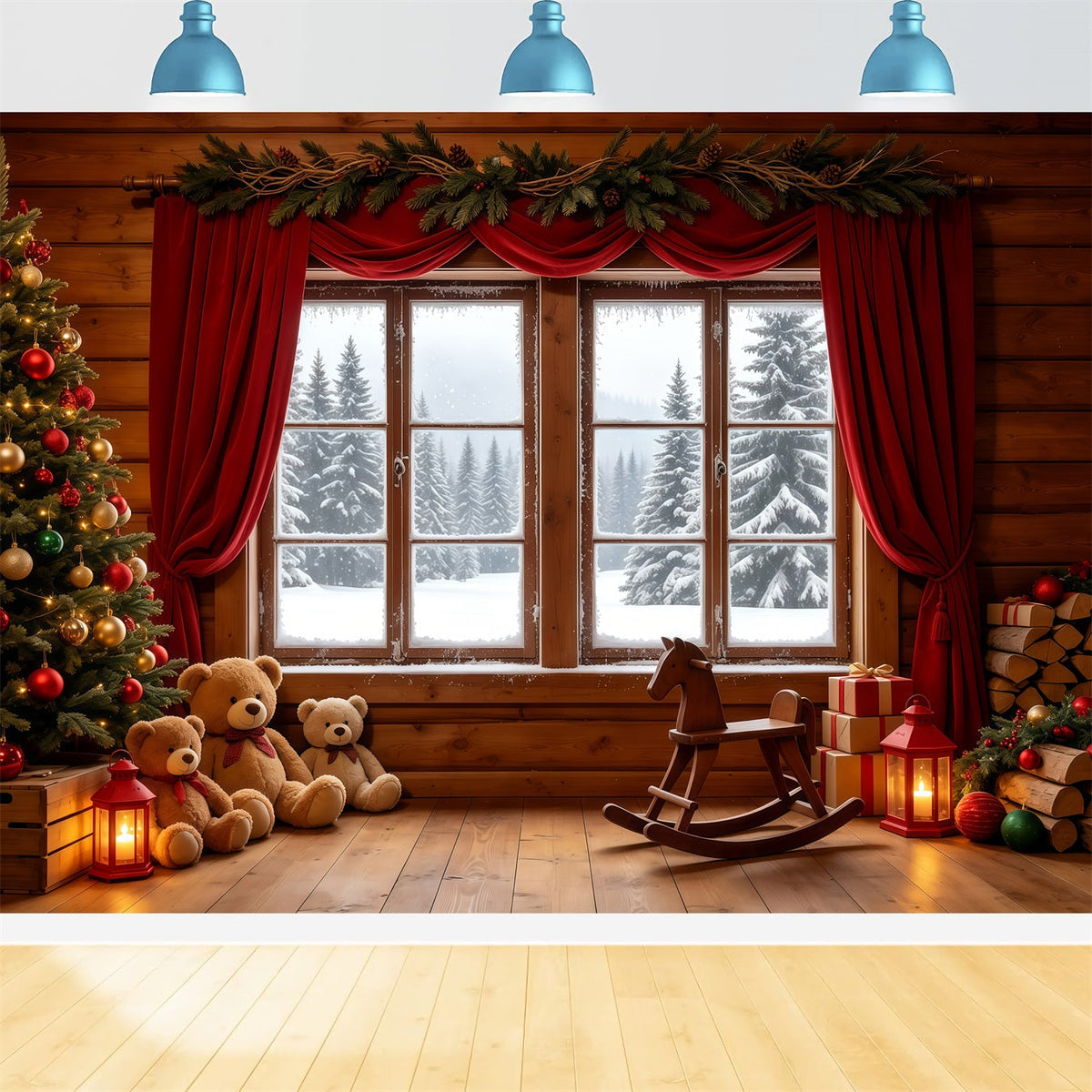 Christmas Cabin Backdrop Rustic Window Teddy Display Photography Christmas Backdrops UK GQ68-89