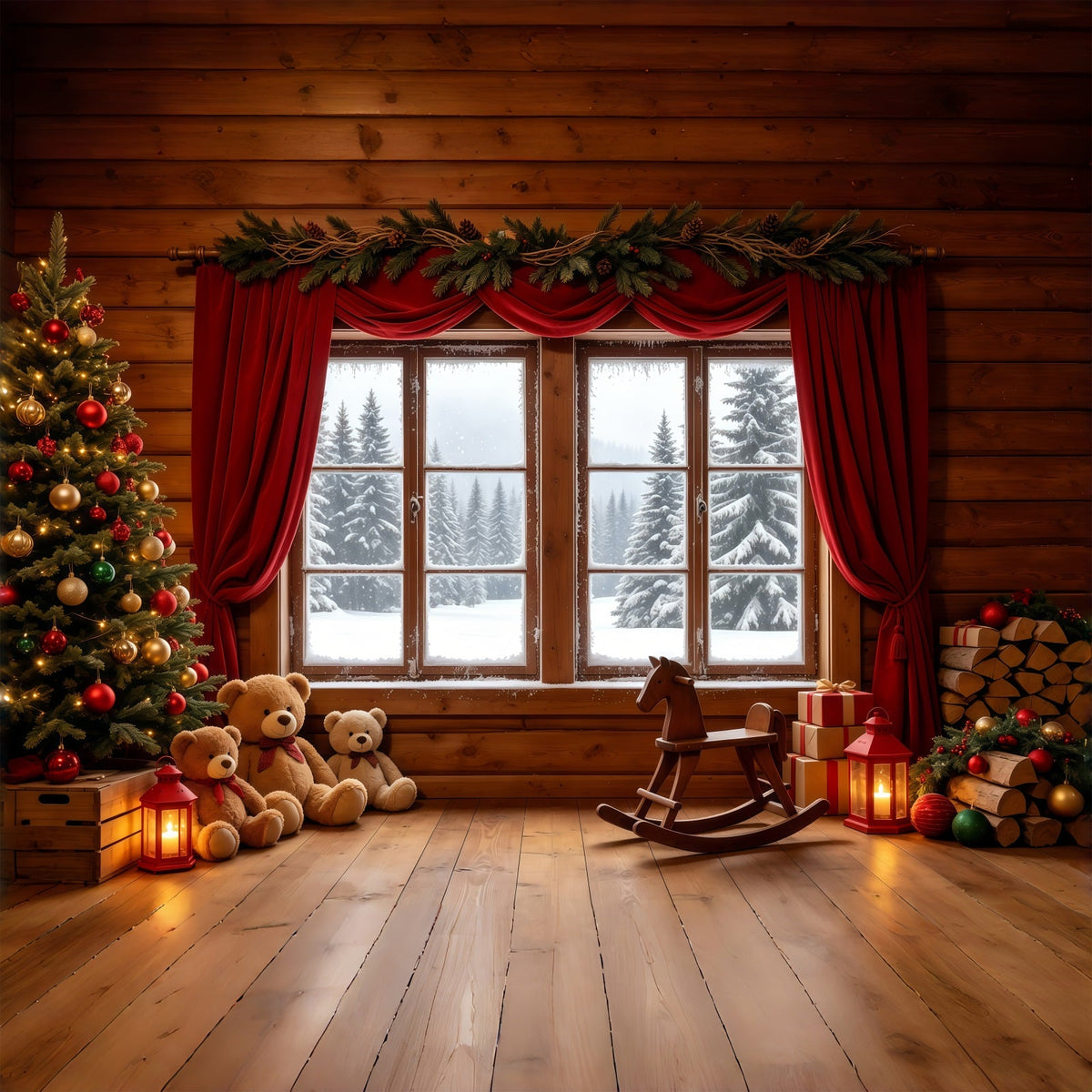 Christmas Cabin Backdrop Rustic Window Teddy Display Photography Christmas Backdrops UK GQ68-89