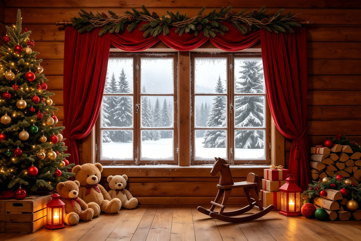 Christmas Cabin Backdrop Rustic Window Teddy Display Photography Christmas Backdrops UK GQ68-89