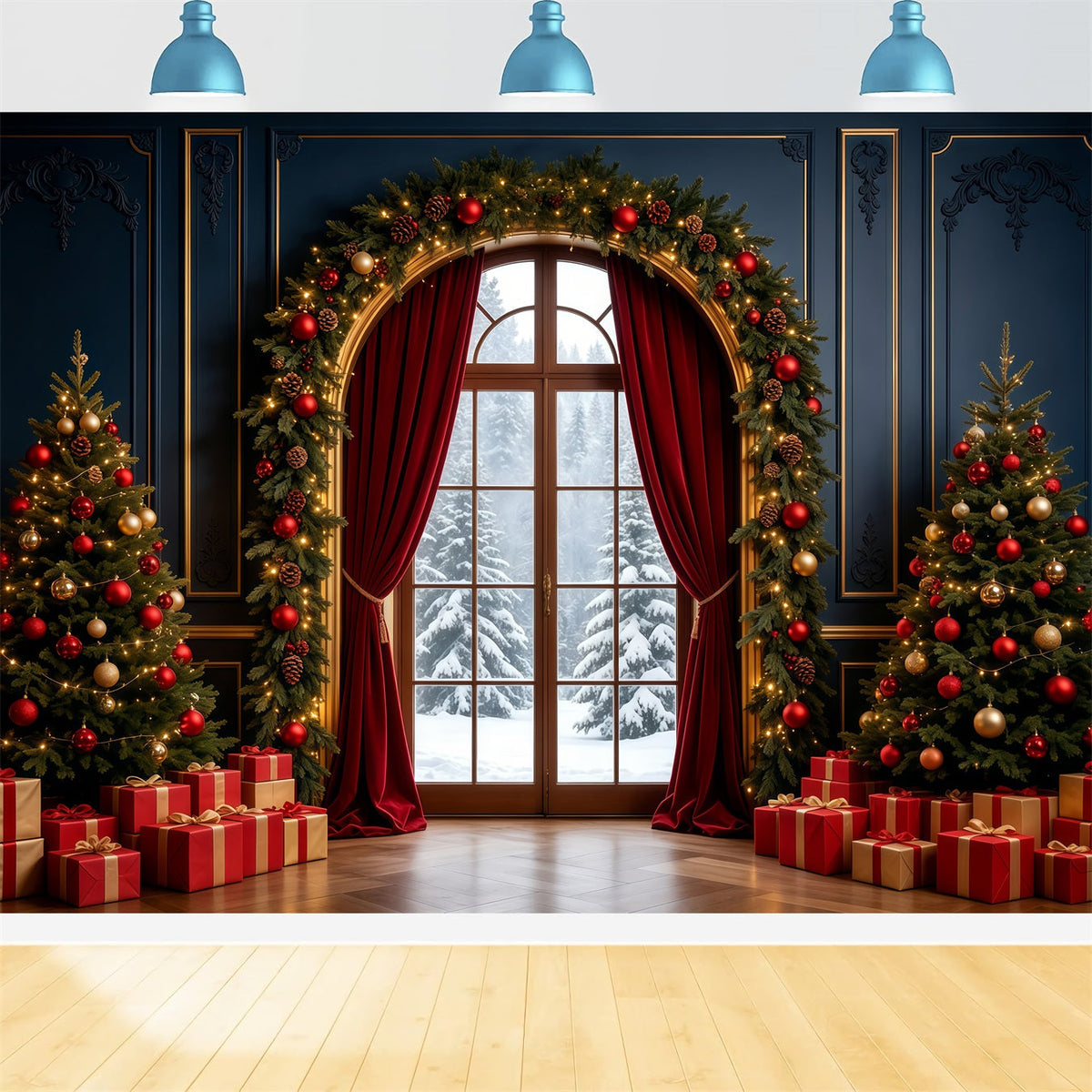 Christmas Living Room Backdrop Elegant Arched Window Decor Large Christmas Backdrop UK GQ68-90