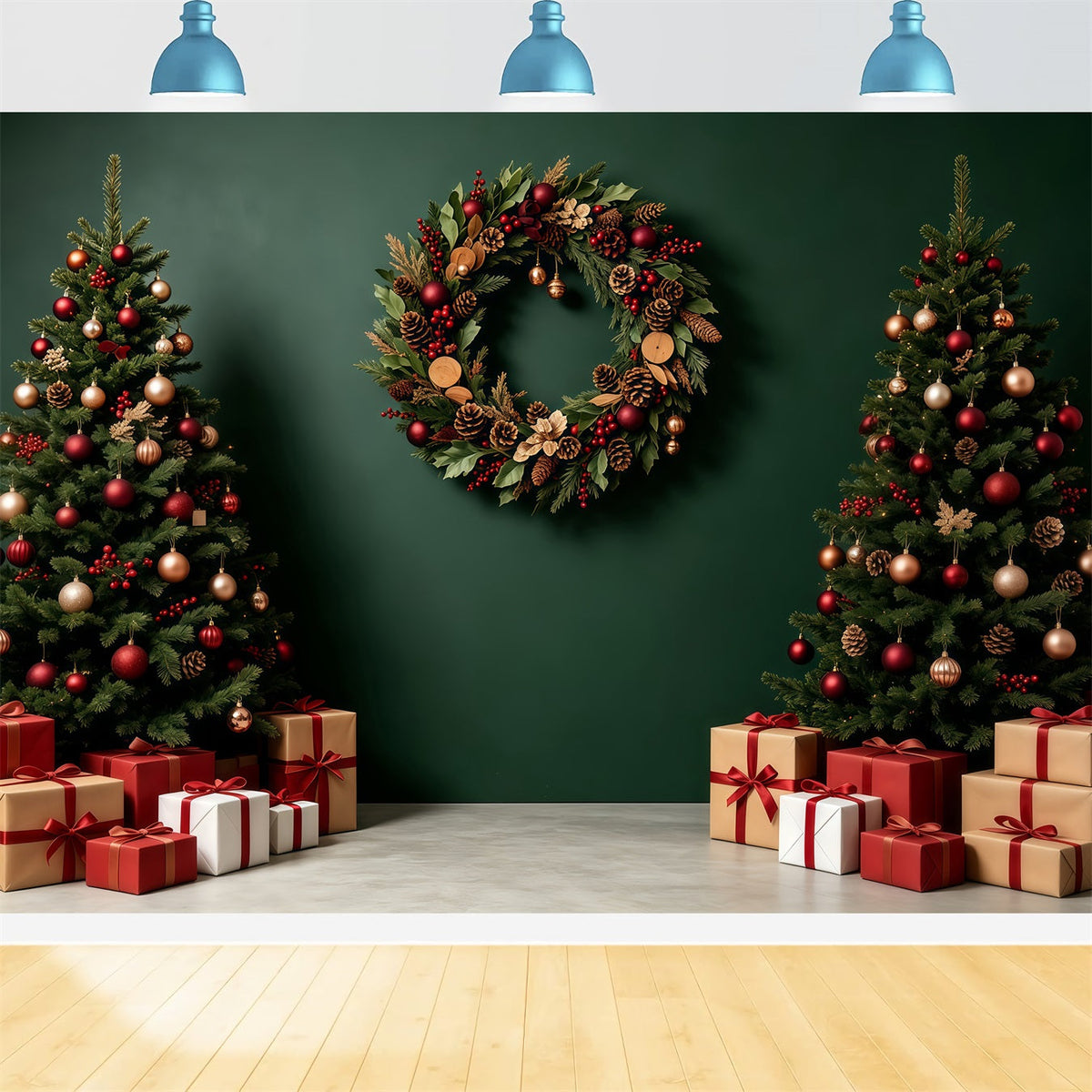 Green Christmas Backdrop Tree Wreath Gift Boxes Backdrops Christmas UK GQ68-91