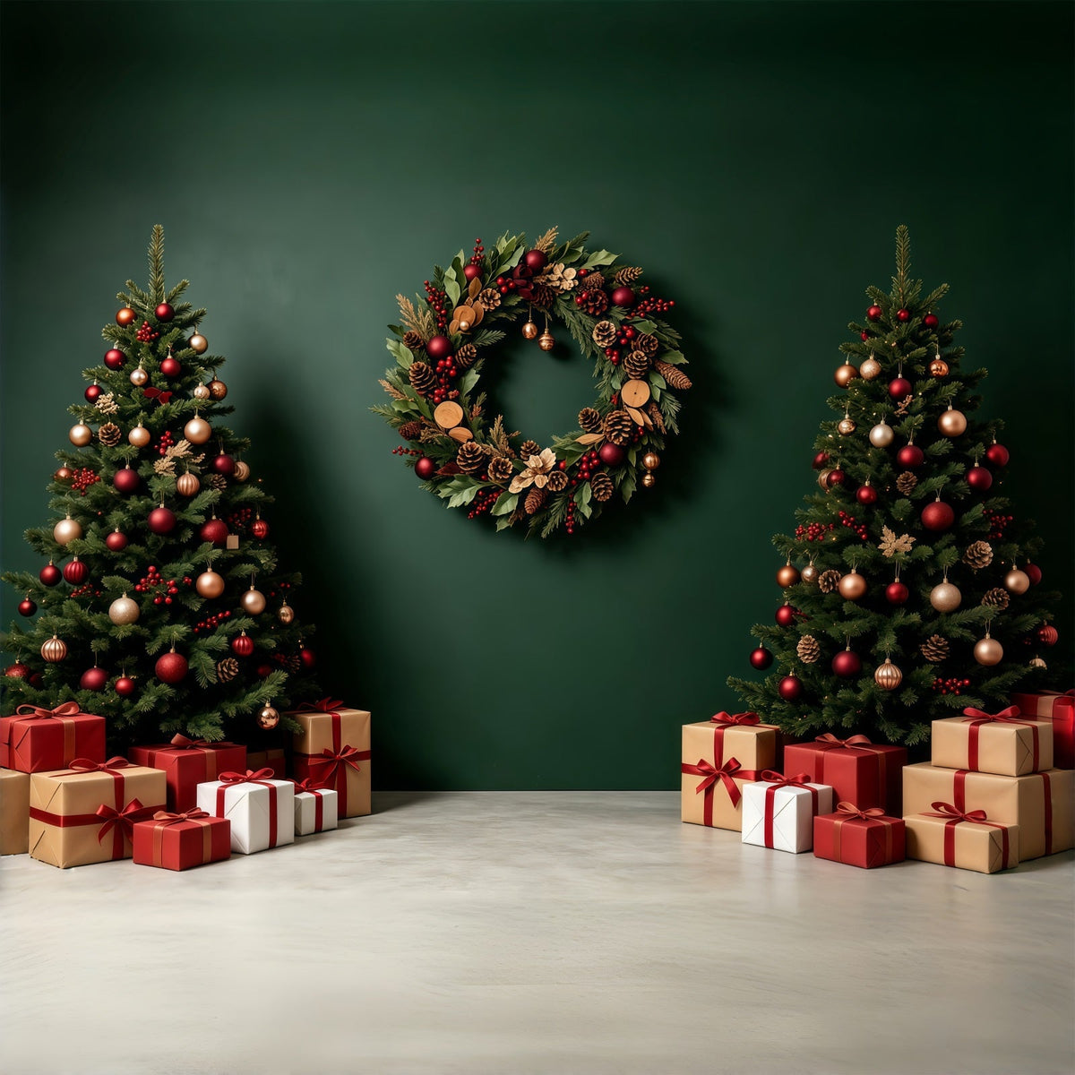 Green Christmas Backdrop Tree Wreath Gift Boxes Backdrops Christmas UK GQ68-91