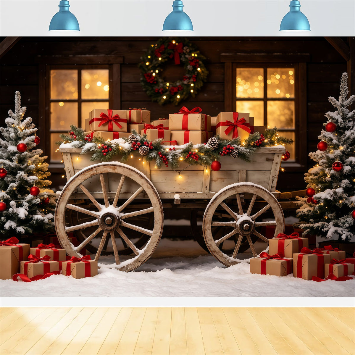 Outdoor Christmas Backdrop Rustic Wagon Gift Display Photography Christmas Backdrop UK GQ68-92