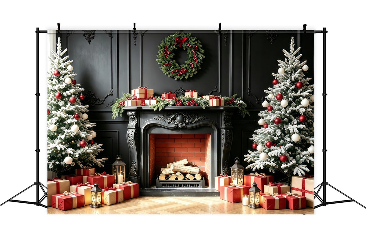 Fireplace Backdrop Christmas Black Mantel Tree Gift Photo Backdrops Christmas UK GQ68-94