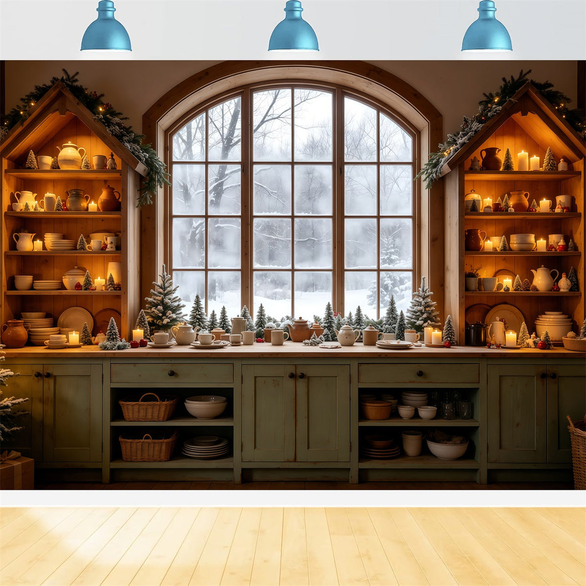 Christmas Kitchen Backdrop Cozy Kitchen Snowy Window Christmas Wall Backdrops UK GQ68-95