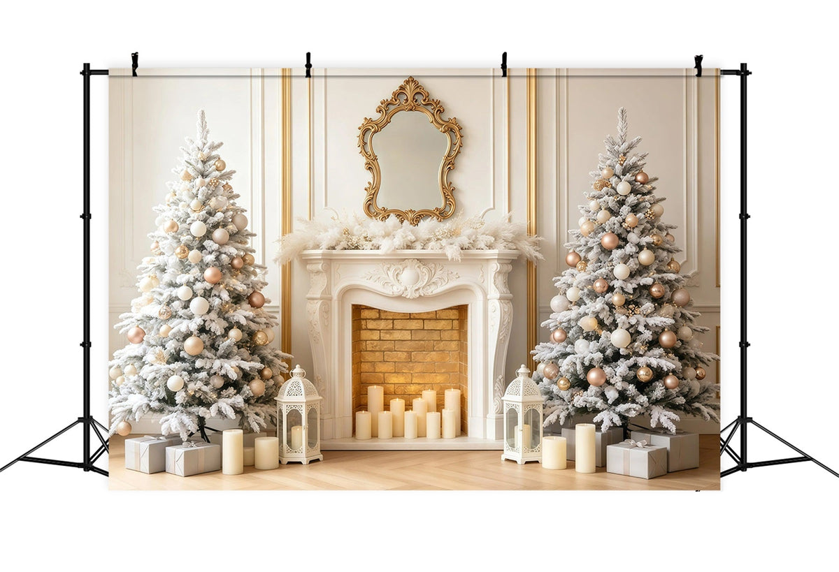 Elegant Christmas Backdrop White Gold Fireplace Tree Photography Backdrop Christmas UK GQ68-97