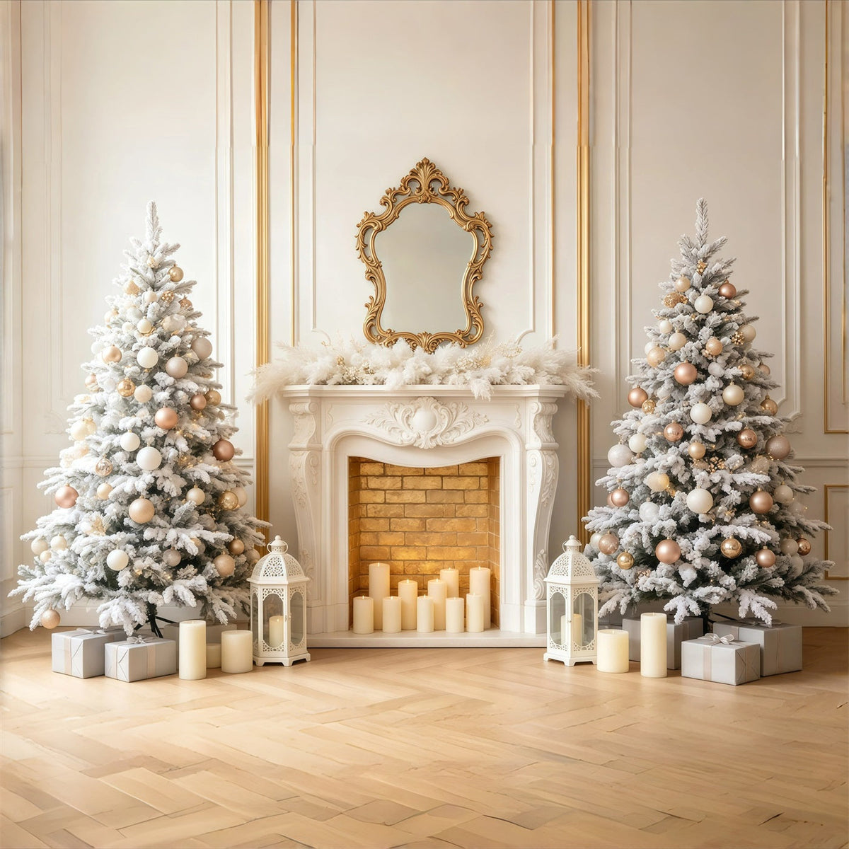 Elegant Christmas Backdrop White Gold Fireplace Tree Photography Backdrop Christmas UK GQ68-97