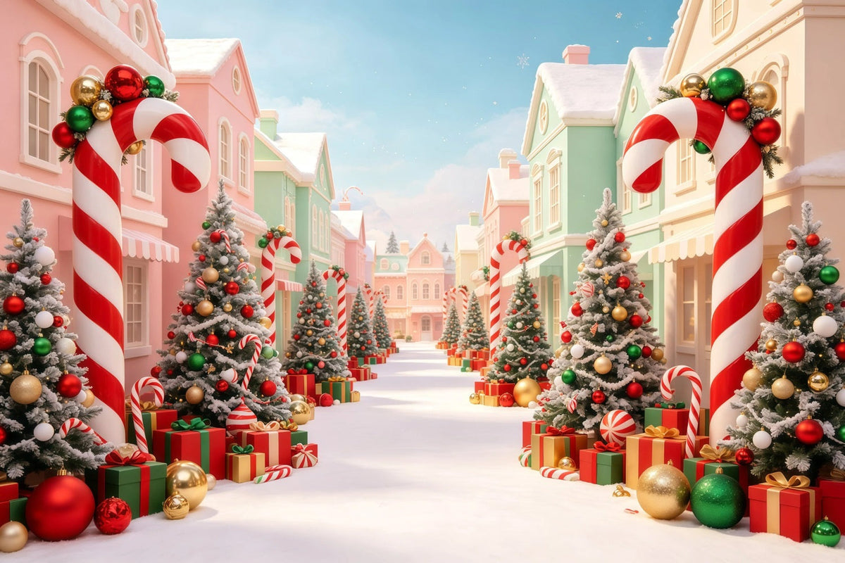 Christmas Village Backdrop Candy Cane Trees Street Indoor Christmas Backdrop UK GQ68-98