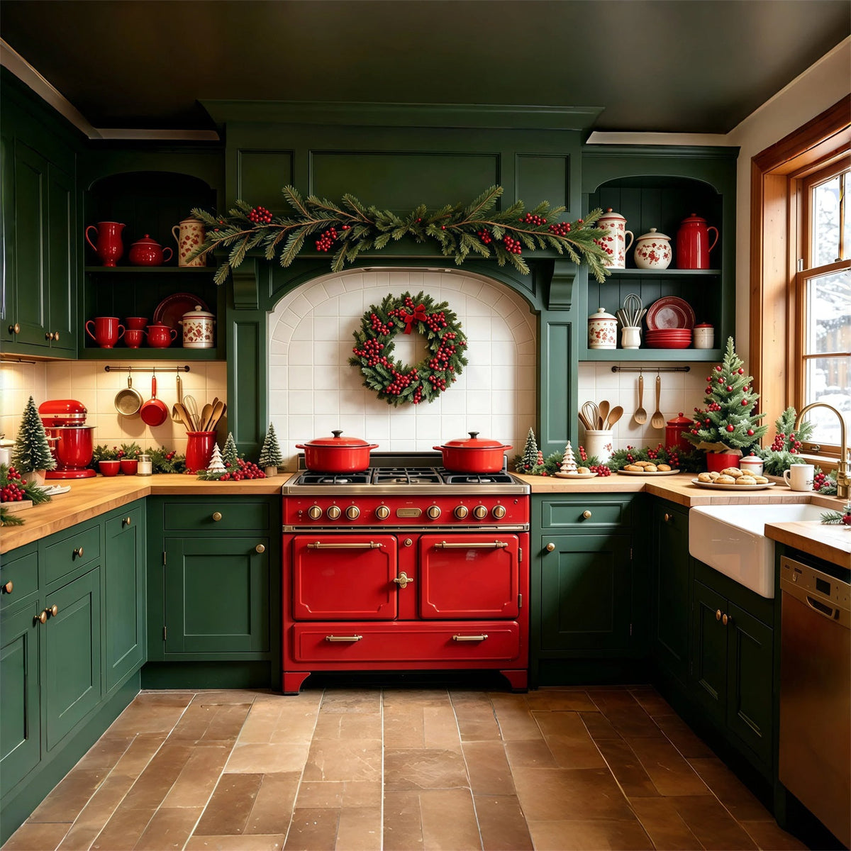 Christmas Kitchen Backdrops Green Garland Room Decor Studio Backdrops Christmas UK GQ69-1