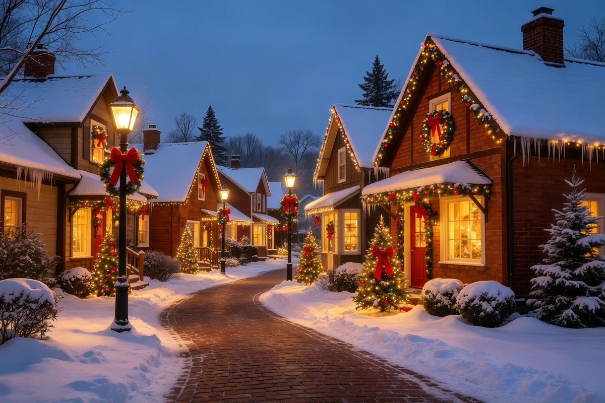 Christmas Village Backdrop Snowy Streete Cottage Lights Indoor Christmas Backdrops UK GQ69-10