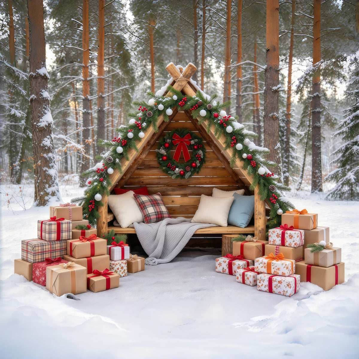 Outdoor Christmas Backdrop For Photos Rustic Woodland Cabin Christmas Vacation Photo Backdrop UK GQ69-105