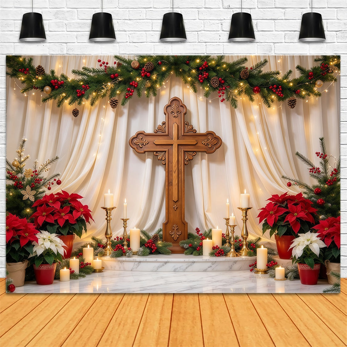 Religious Christmas Backdrops Candlelit Cross Poinsettia Christian Christmas Backdrops UK GQ69-106