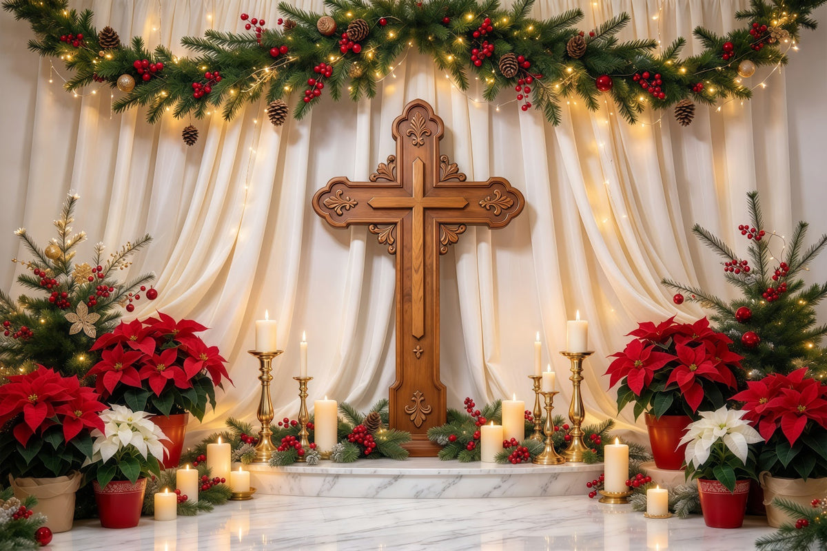 Religious Christmas Backdrops Candlelit Cross Poinsettia Christian Christmas Backdrops UK GQ69-106