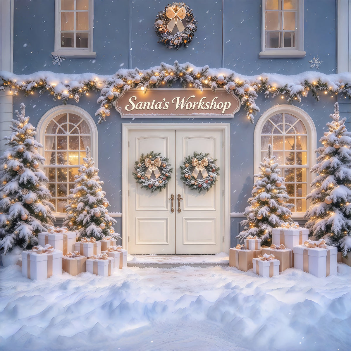 High Resolution Christmas Backdrops Snowy Door Display Santas Workshop Photo Backdrop UK GQ69-108