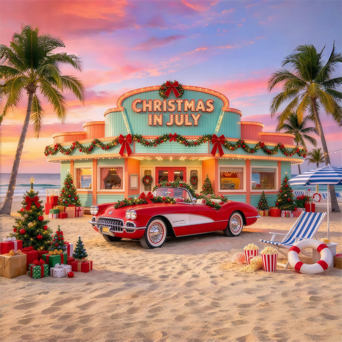 Christmas In July Photo Backdrop Tropical Holiday Car Christmas Tree Wedding Backdrop UK GQ69-117