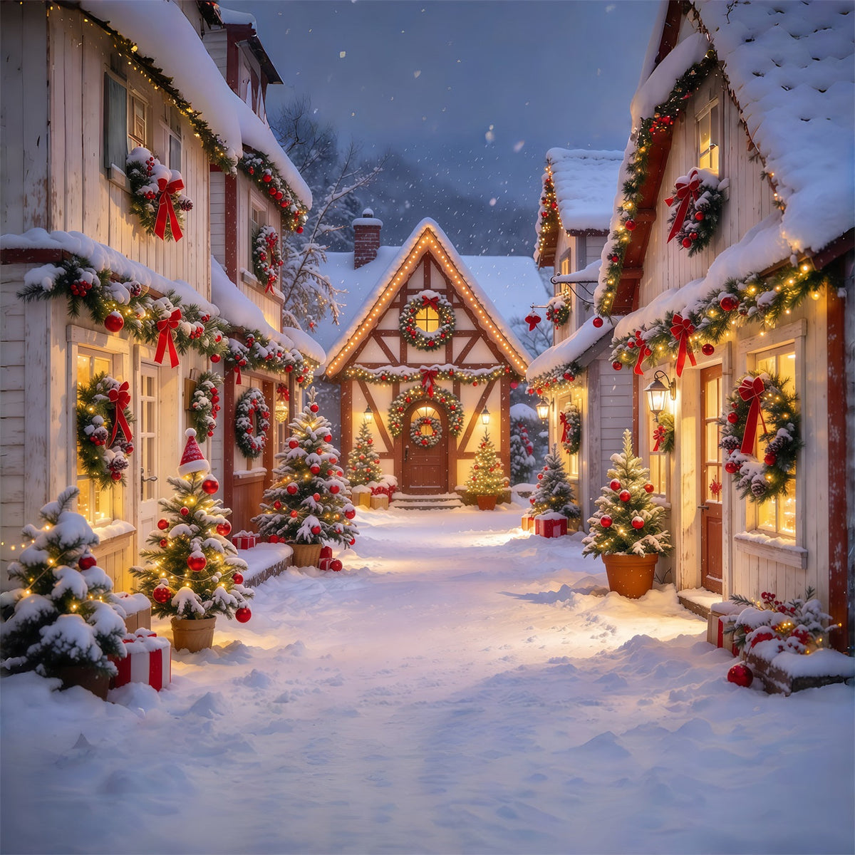 Christmas Backdrops Sale Snowy Garland Village Street Buy Christmas Backdrop UK GQ69-118