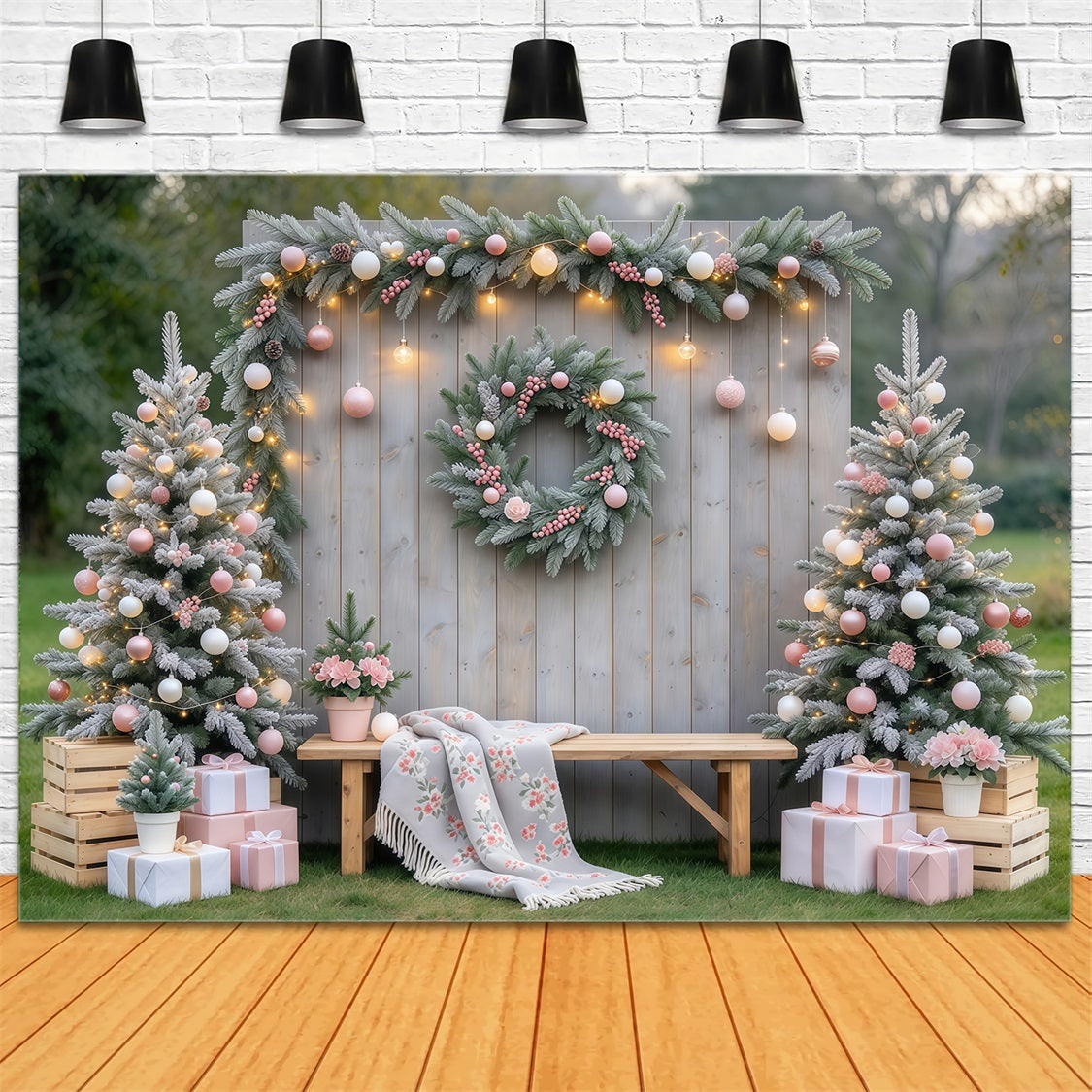 Rustic Christmas Photo Backdrop Blush Ornament Garden Display Family Christmas Backdrop UK GQ69-119