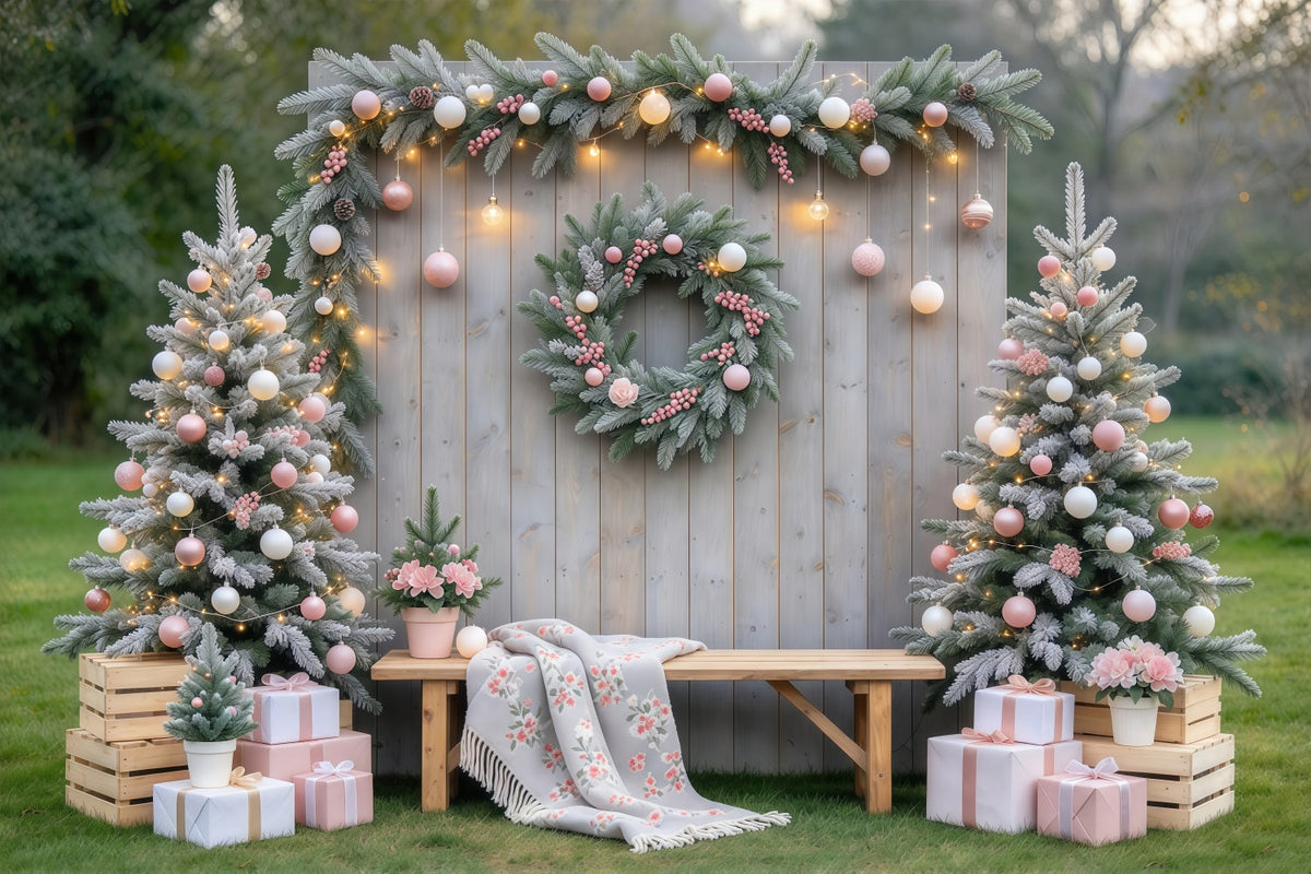 Rustic Christmas Photo Backdrop Blush Ornament Garden Display Family Christmas Backdrop UK GQ69-119
