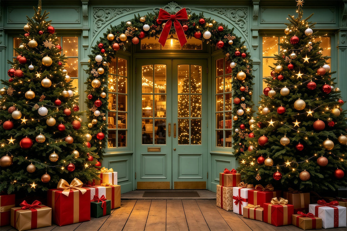 Christmas Store Backdrop Green Door Garland Entrance Muslin Christmas Backdrop UK GQ69-13