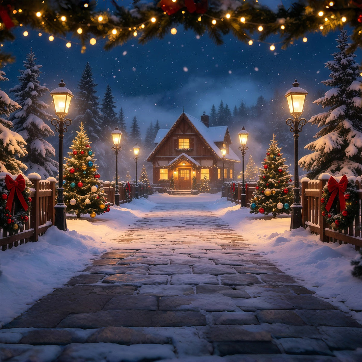 Winter Christmas Backdrop Snowy Forest Cottage Path Muslin Backdrop Christmas UK GQ69-14