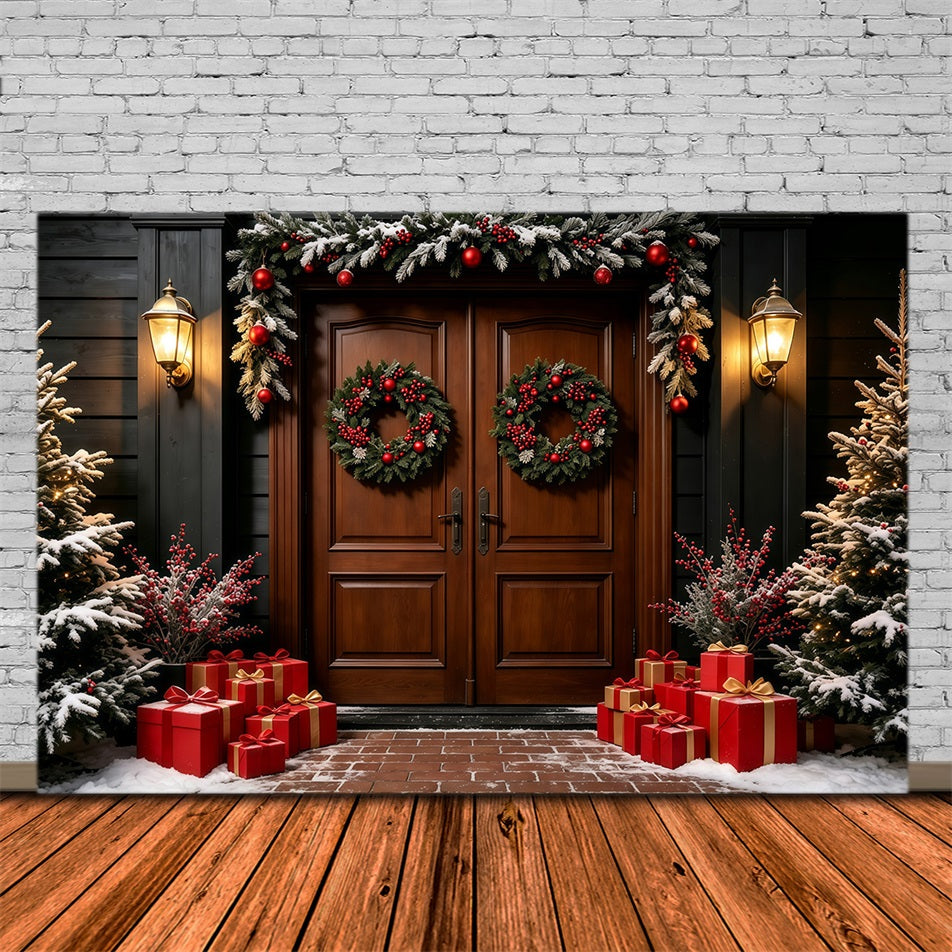 Dark Christmas Backdrop Double Wreath Wooden Door Photographic Backdrops Christmas UK GQ69-15