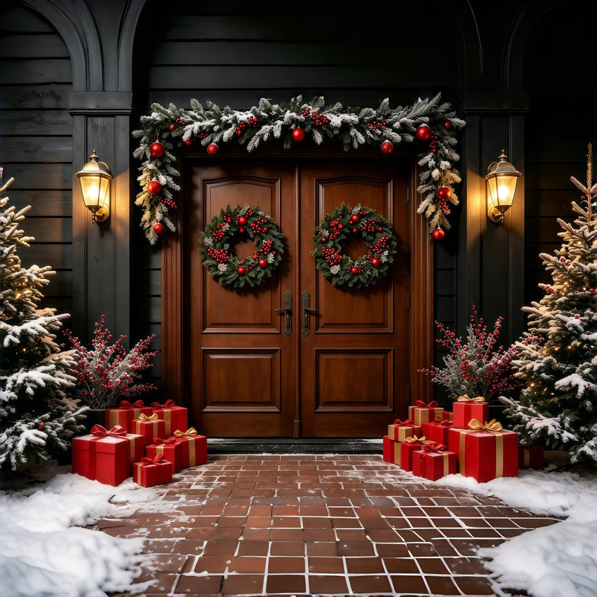 Dark Christmas Backdrop Double Wreath Wooden Door Photographic Backdrops Christmas UK GQ69-15