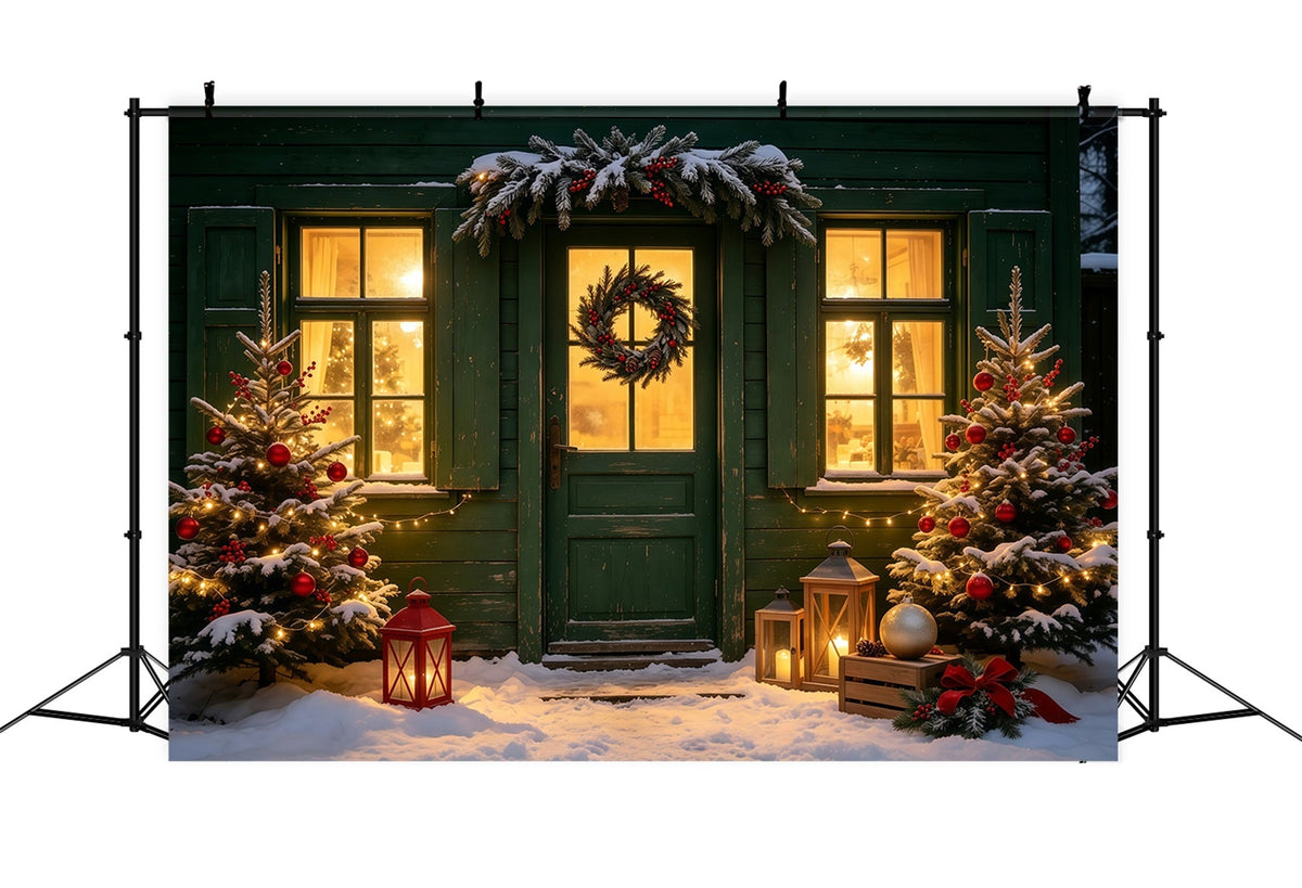 Christmas Scene Backdrop Green Cottage Wreath Entrance Christmas Backdrop UK GQ69-17