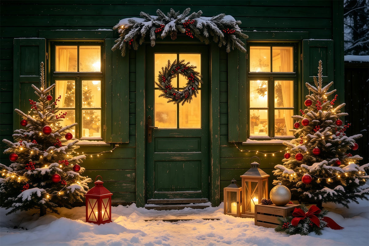 Christmas Scene Backdrop Green Cottage Wreath Entrance Christmas Backdrop UK GQ69-17