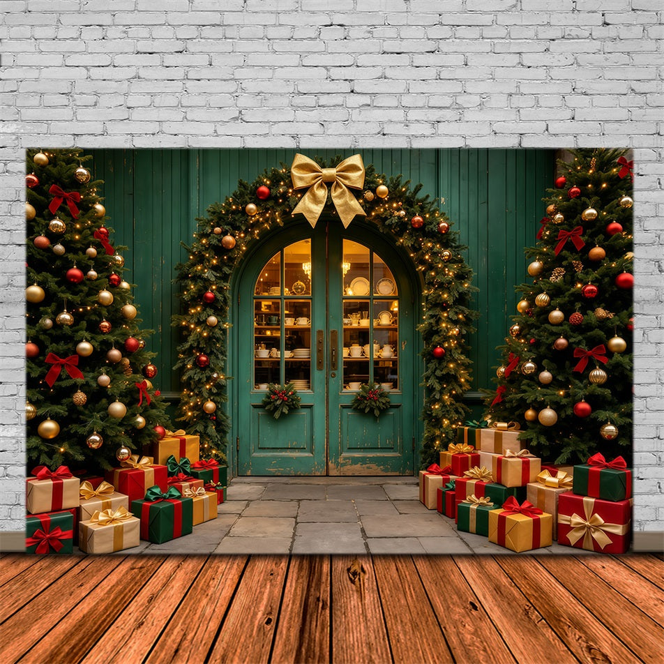 Christmas Store Backdrop Teal Arched Garland Entrance Christmas Backdrops UK GQ69-18