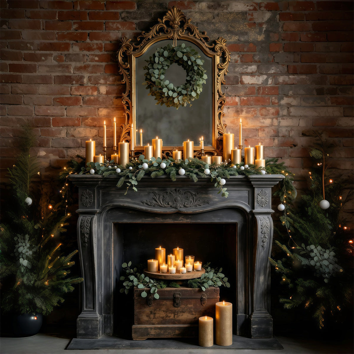 Christmas Fireplace Backdrop Vintage Mirror Candle Mantel Christmas Photo Backdrop UK GQ69-21
