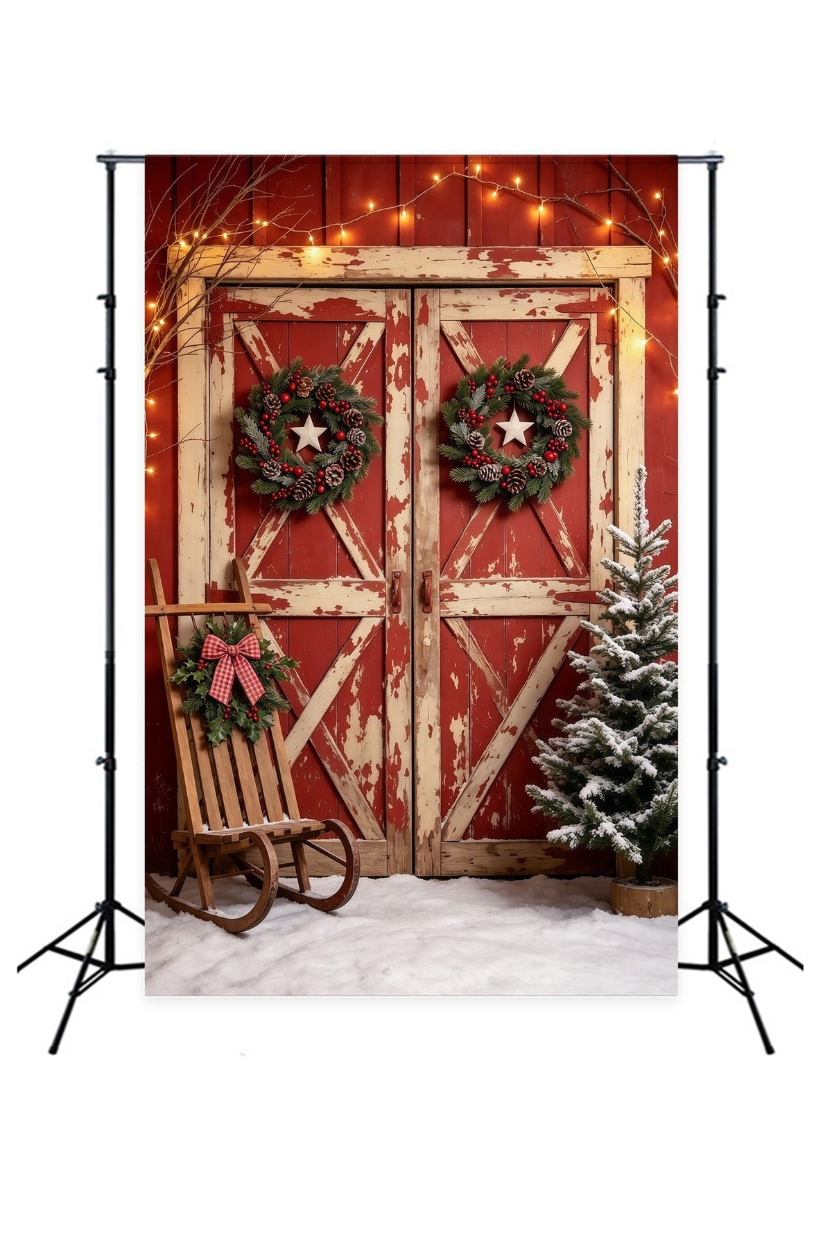 Christmas Door Backdrop Snowy Rustic Red Barn Christmas Photo Backdrops UK GQ69-22