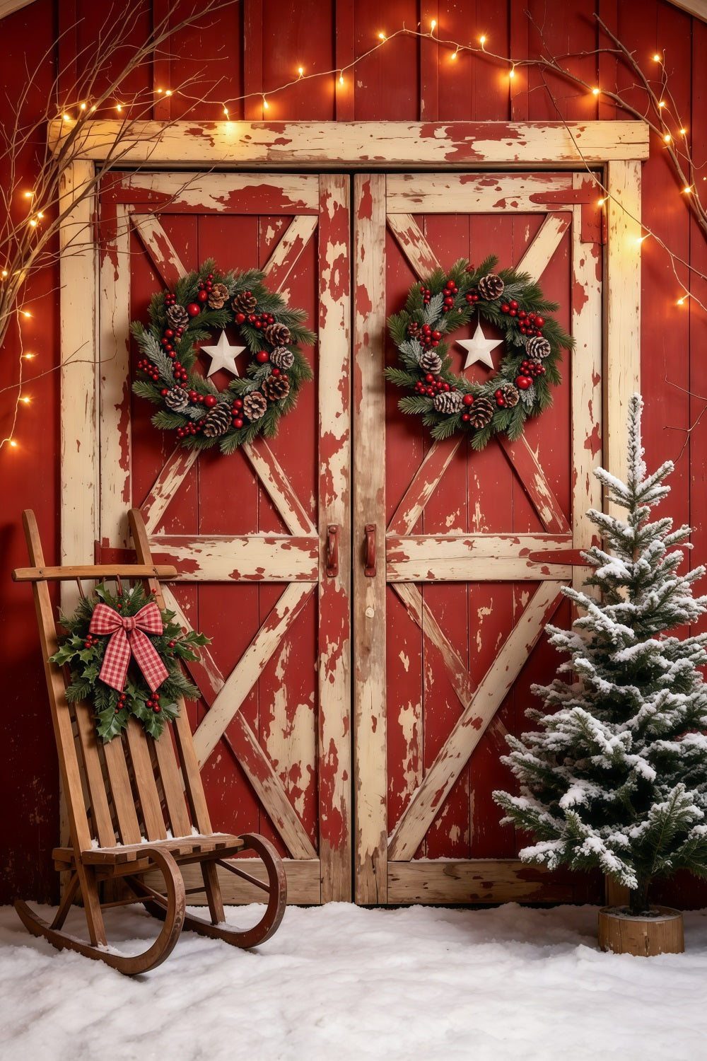 Christmas Door Backdrop Snowy Rustic Red Barn Christmas Photo Backdrops UK GQ69-22