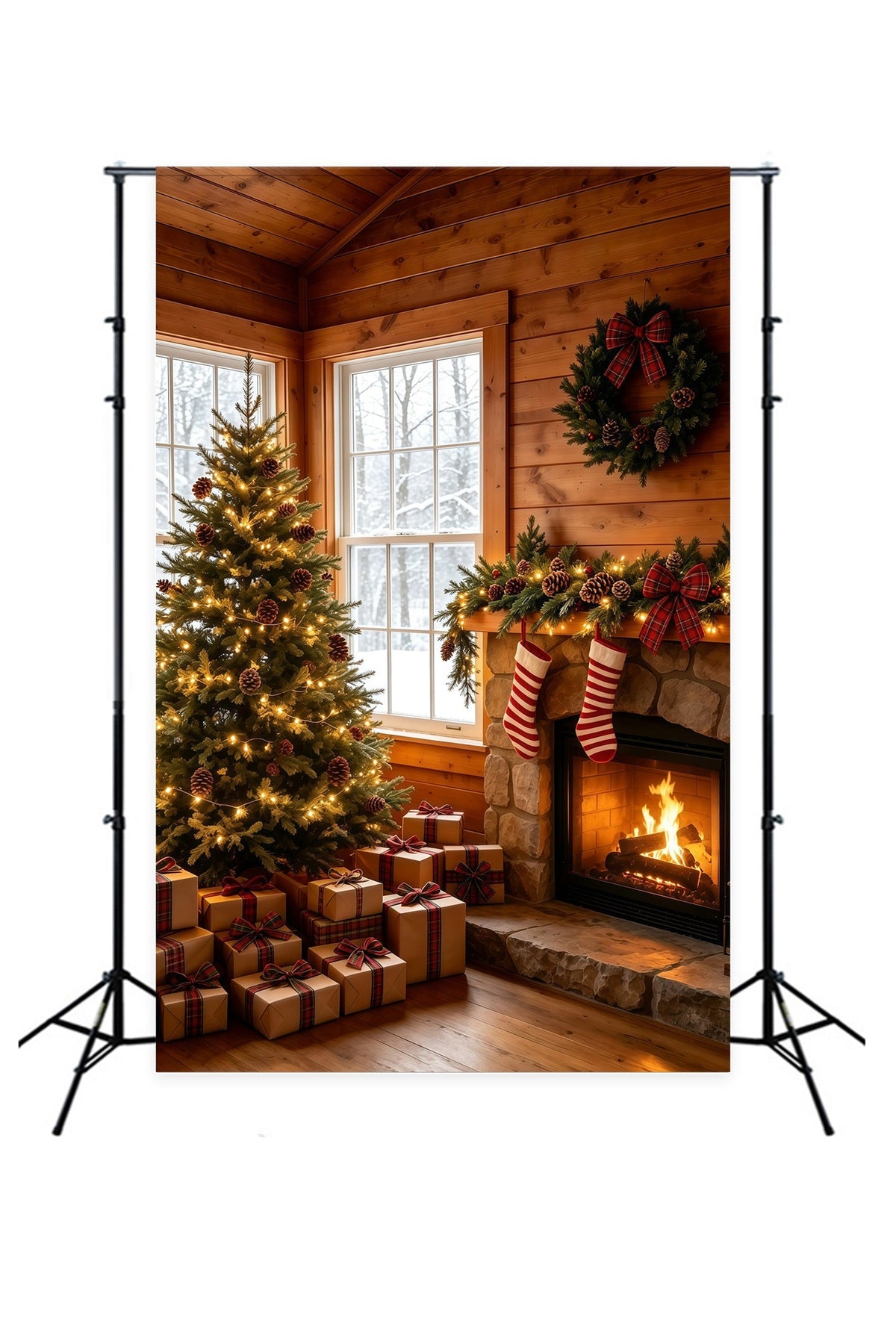 Rustic Christmas Backdrop Cozy Cabin Fireplace Tree Backdrop Christmas UK GQ69-23