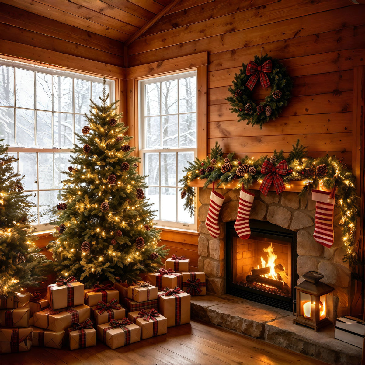 Rustic Christmas Backdrop Cozy Cabin Fireplace Tree Backdrop Christmas UK GQ69-23