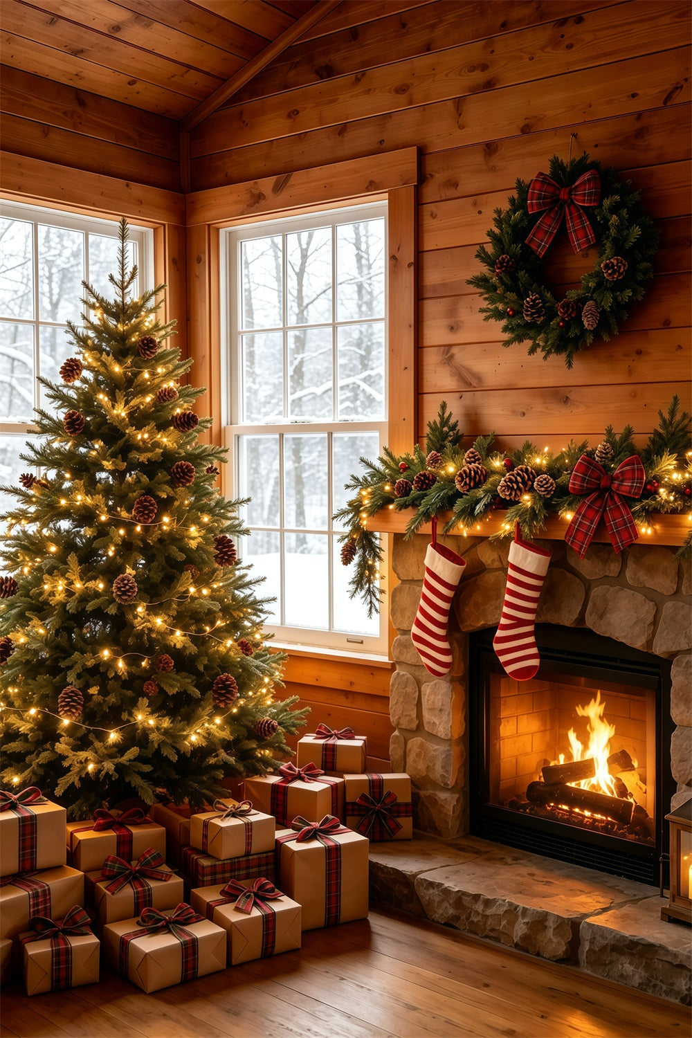 Rustic Christmas Backdrop Cozy Cabin Fireplace Tree Backdrop Christmas UK GQ69-23