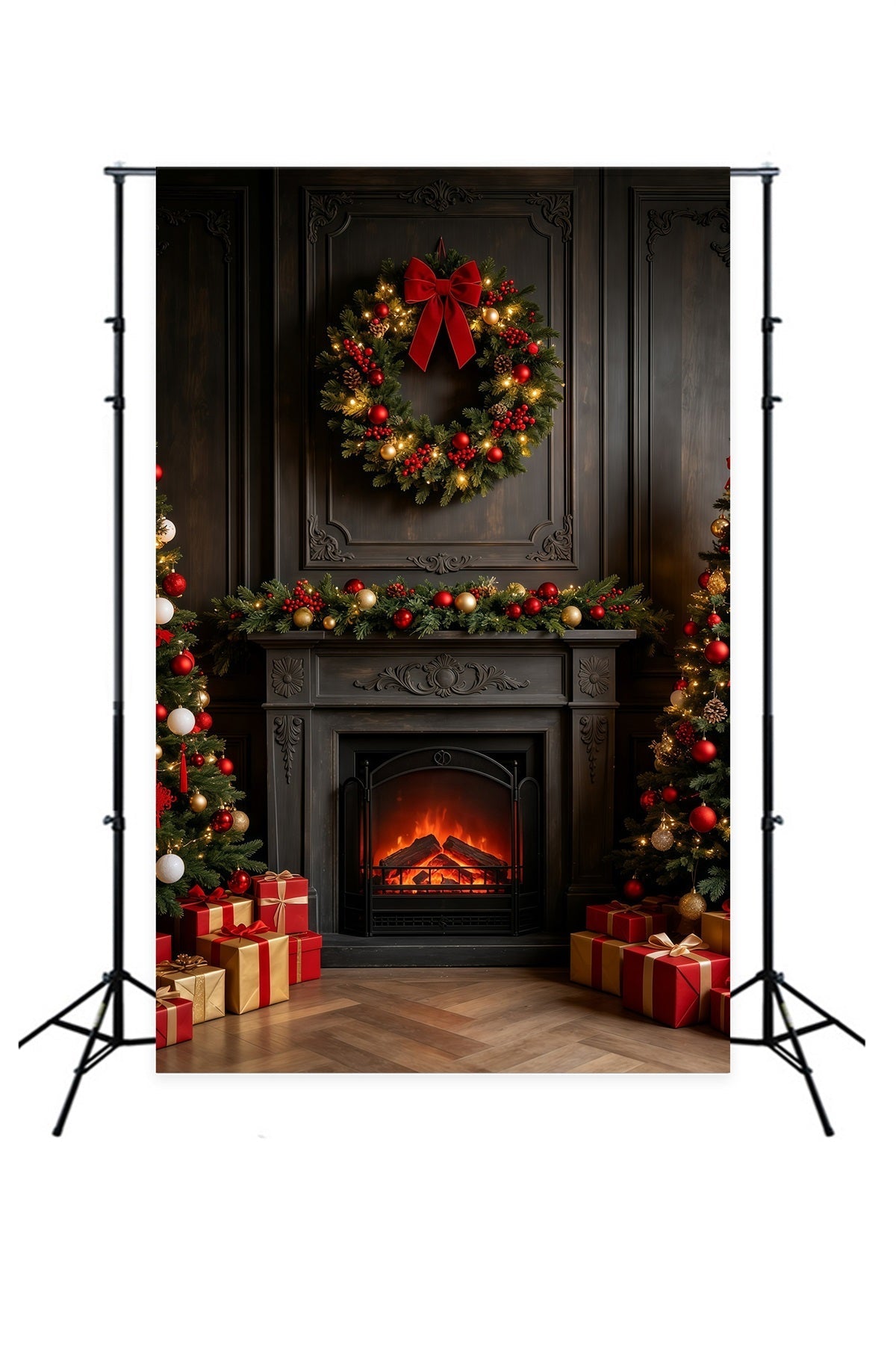 Dark Christmas Backdrop Vintage Fireplace Wreath Mantel Christmas Photography Backdrops UK GQ69-26