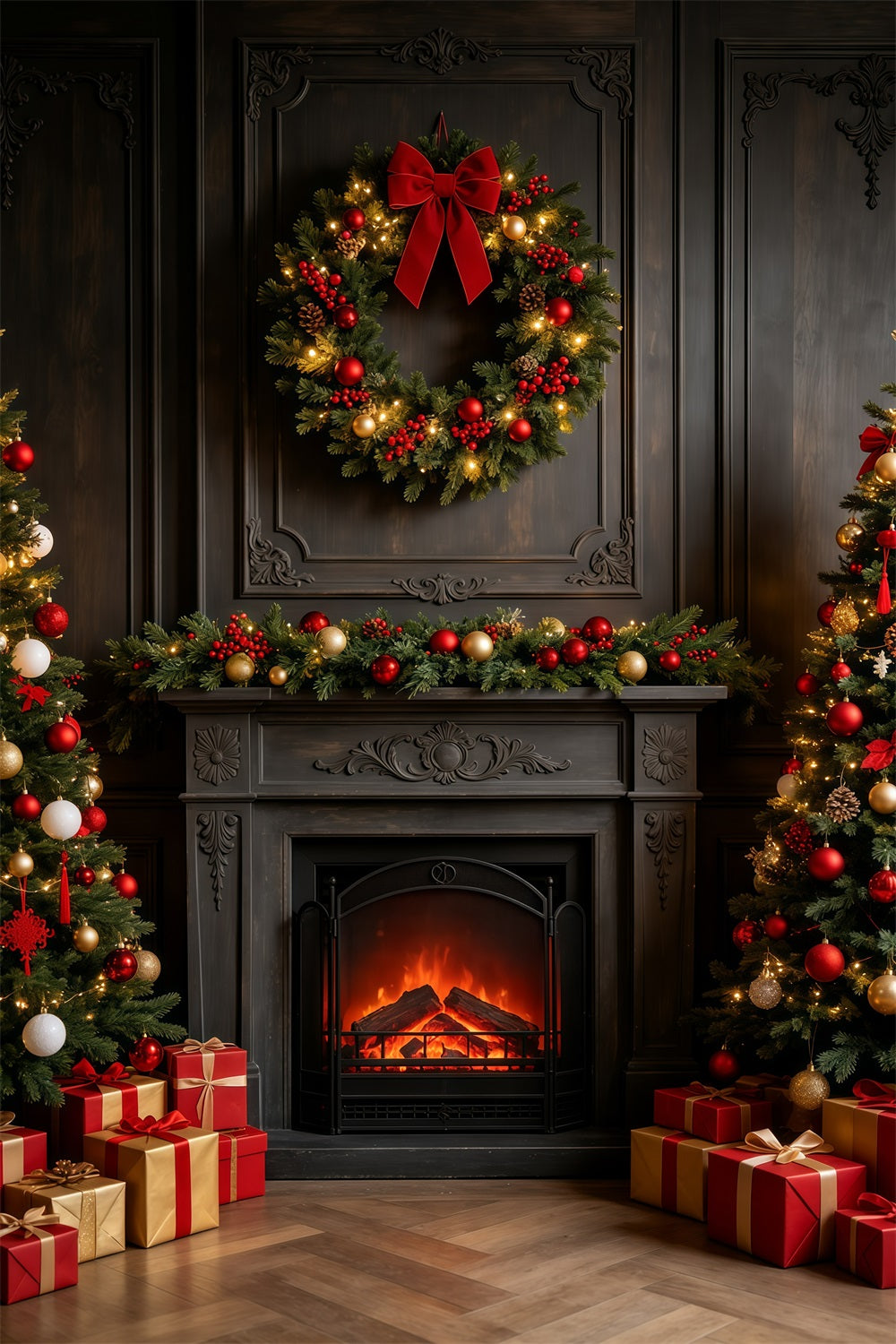 Dark Christmas Backdrop Vintage Fireplace Wreath Mantel Christmas Photography Backdrops UK GQ69-26