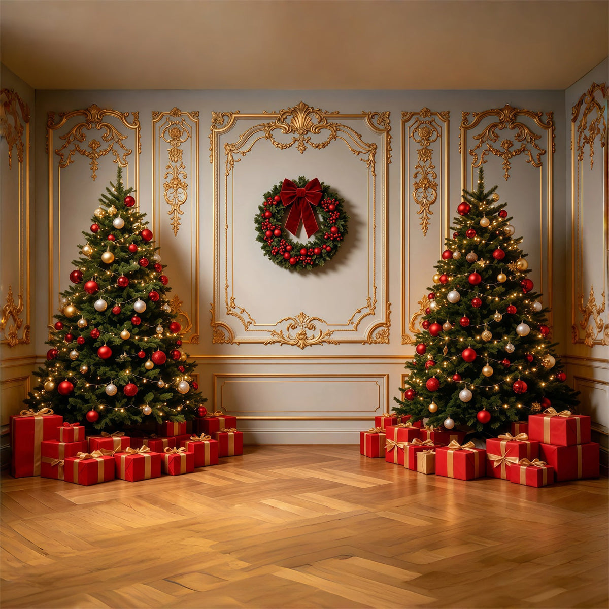 Christmas Wall Backdrop Elegant Gold Trim Interior Photo Christmas Backdrops UK GQ69-3
