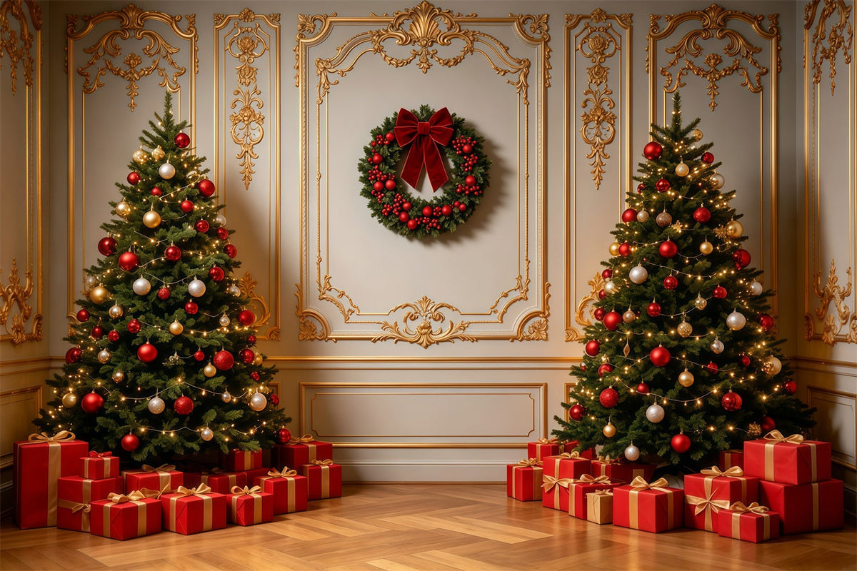 Christmas Wall Backdrop Elegant Gold Trim Interior Photo Christmas Backdrops UK GQ69-3