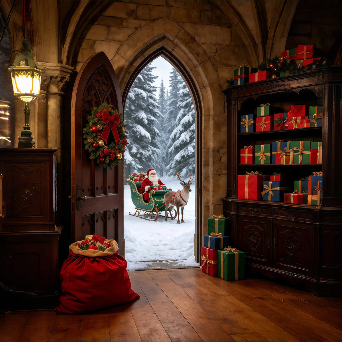 Santa Christmas Backdrop Gothic Arch Winter Entrance Large Christmas Backdrop UK GQ69-31