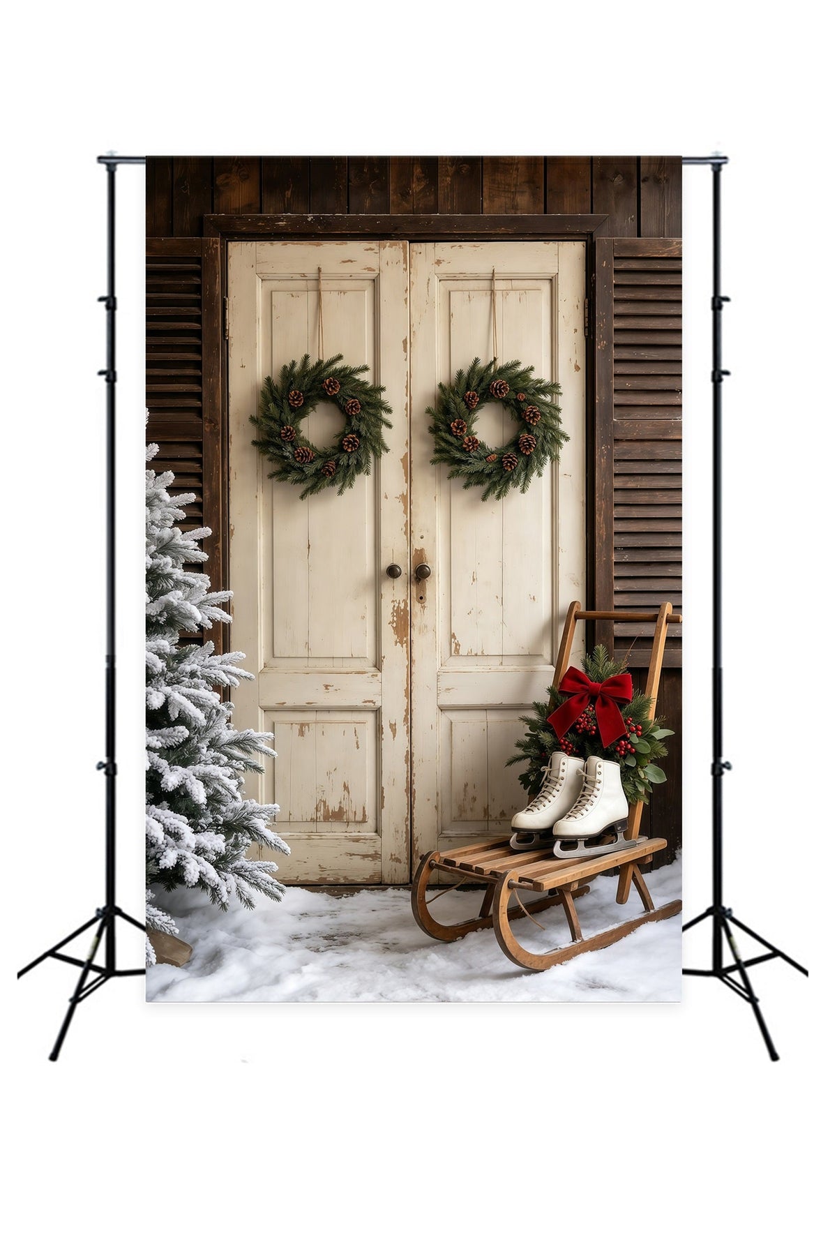 Barn Door Christmas Backdrop Rustic White Door Wreath Backdrops Christmas UK GQ69-32