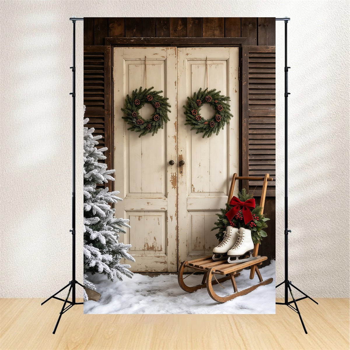Barn Door Christmas Backdrop Rustic White Door Wreath Backdrops Christmas UK GQ69-32