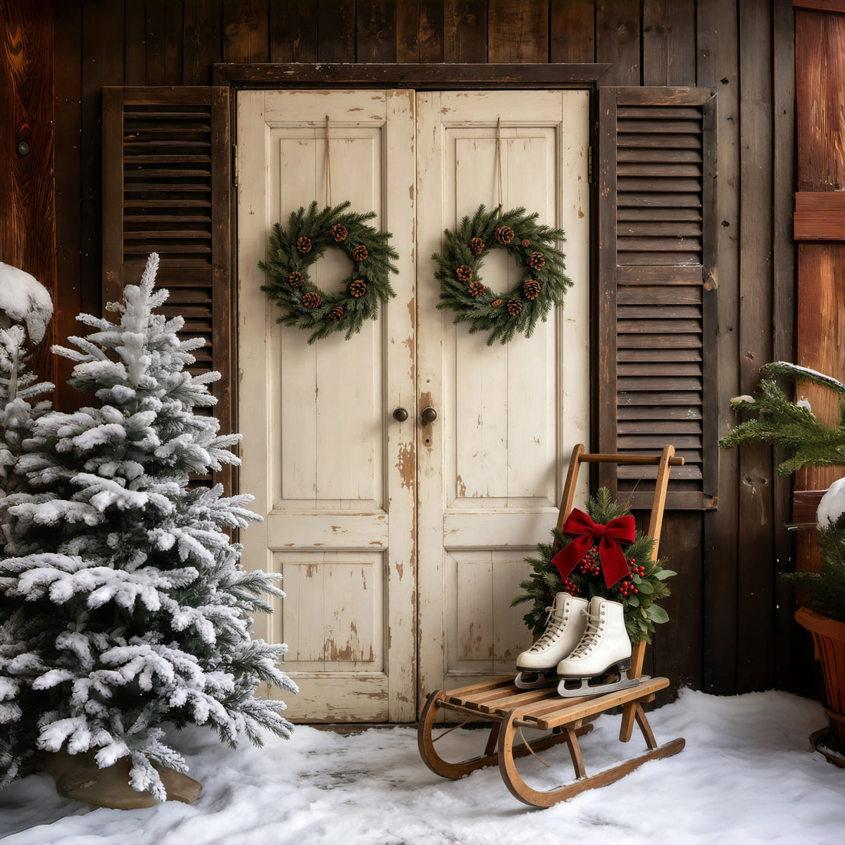Barn Door Christmas Backdrop Rustic White Door Wreath Backdrops Christmas UK GQ69-32
