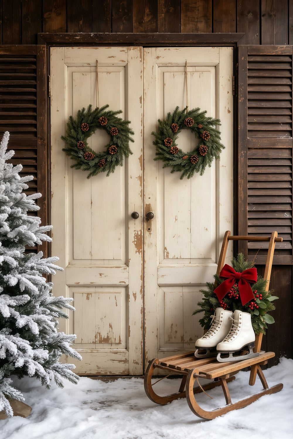 Barn Door Christmas Backdrop Rustic White Door Wreath Backdrops Christmas UK GQ69-32