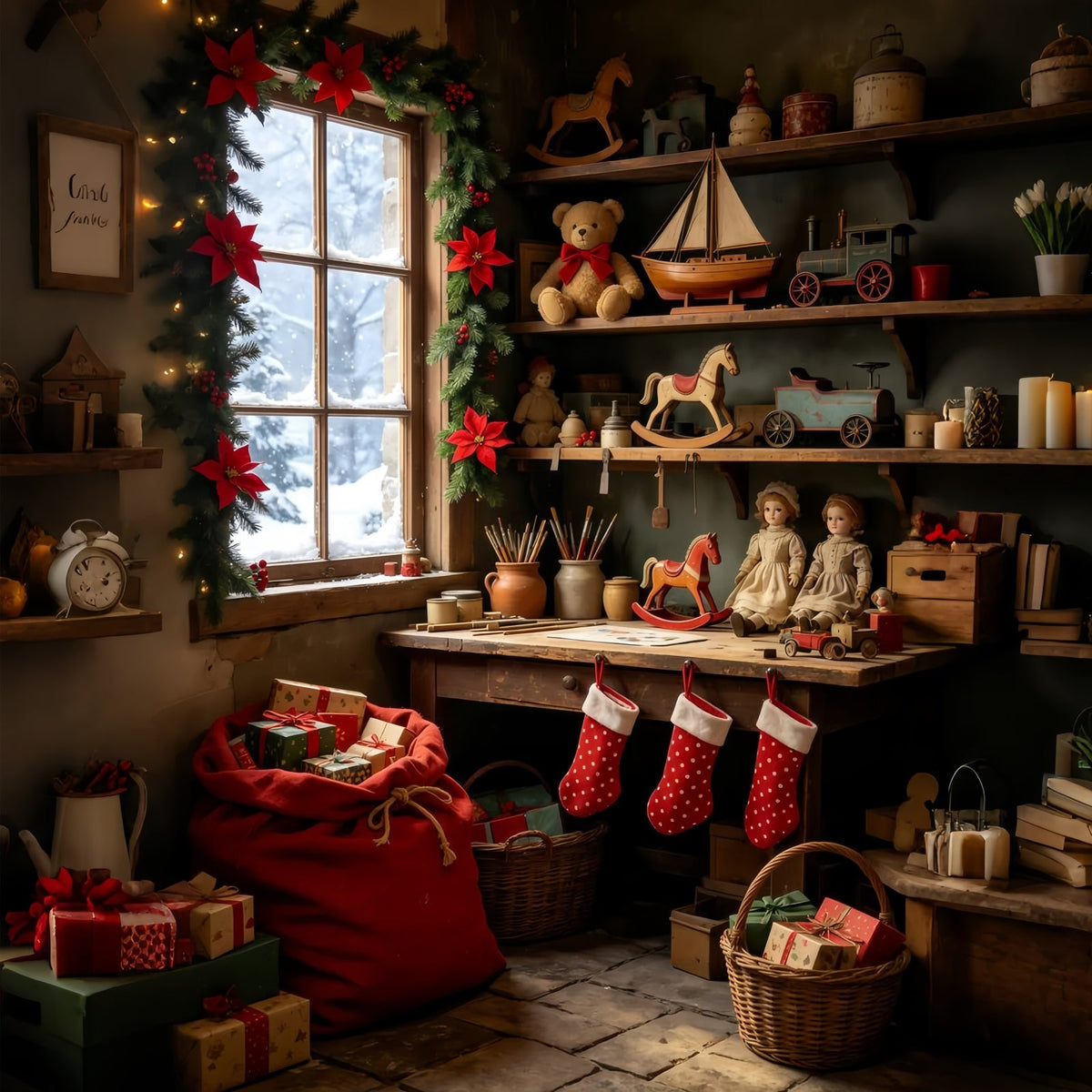 Christmas Cabin Backdrop Vintage Toy Shelf Room Christmas Studio Backdrop UK GQ69-37