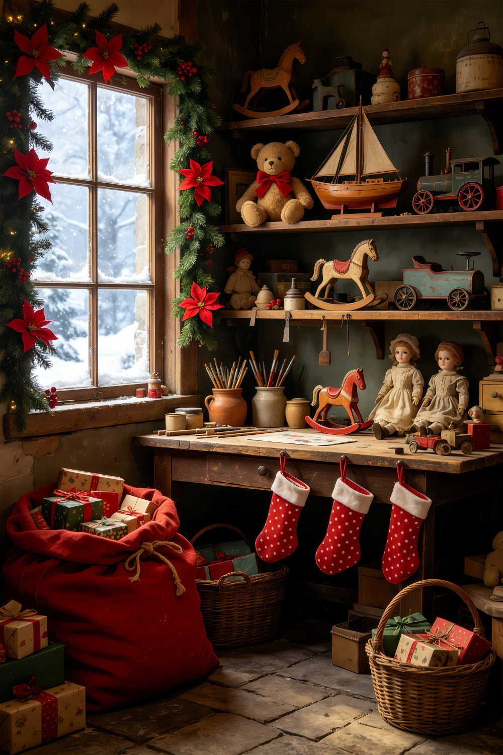 Christmas Cabin Backdrop Vintage Toy Shelf Room Christmas Studio Backdrop UK GQ69-37