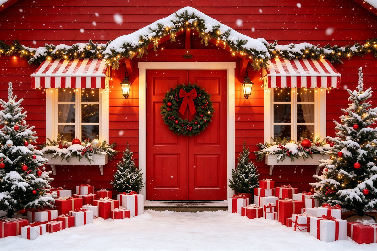 Christmas House Backdrop Red Cabin Door Entrance Christmas Studio Backdrops UK GQ69-4